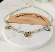 Gold Plated Labradorite Beaded Necklace with Teardrop Crystal Pendants